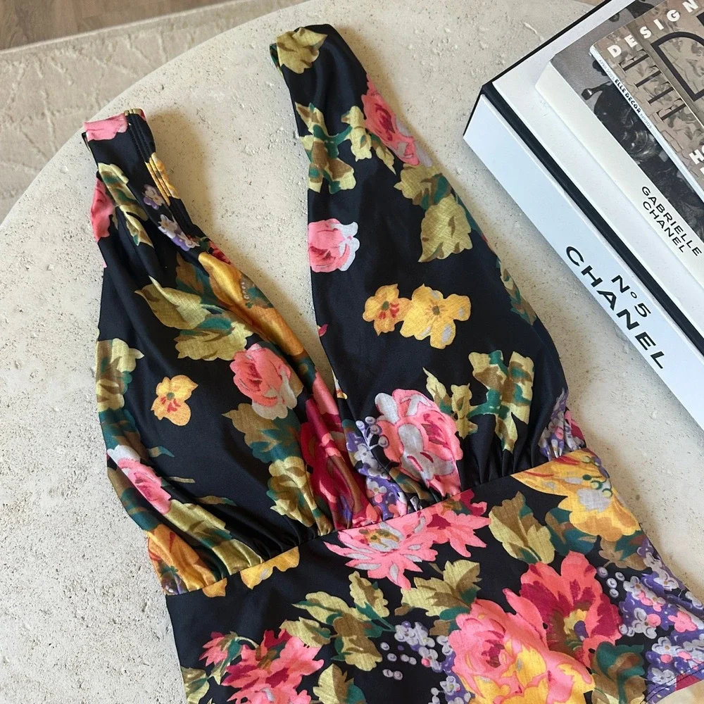 Anthropologie Allihop Black Floral Zinnia Plunge One Piece Swimsuit Boho L - Picture 6 of 9